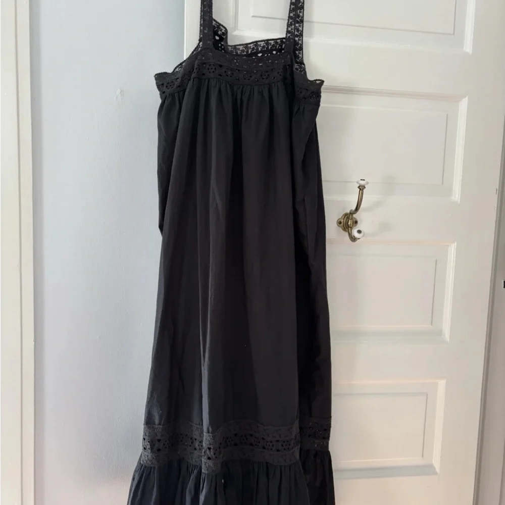 J. Crew black Eyelet trim Tank Cotton Poplin flouncy maxi Athena dress size XL - Picture 2 of 8